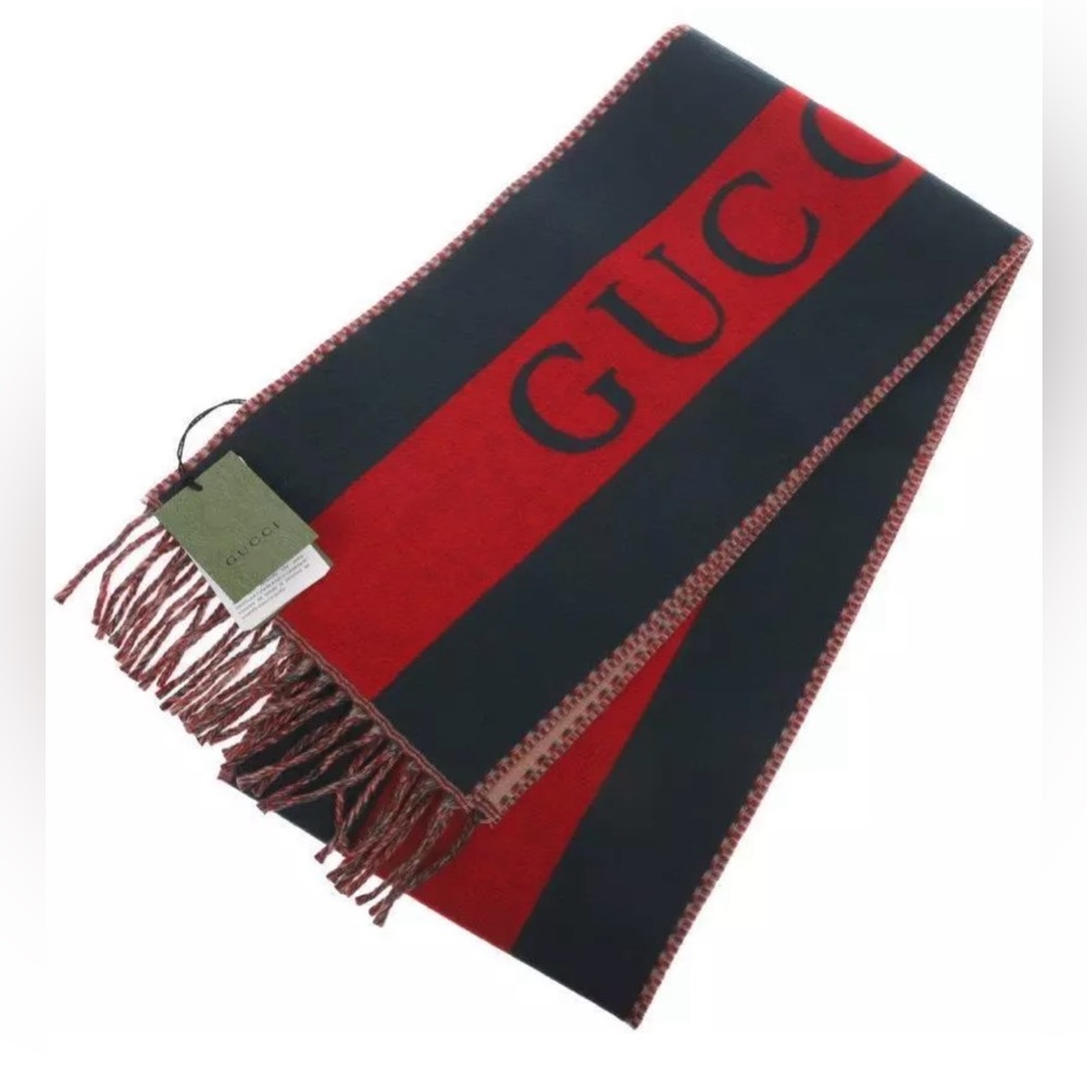 GUCCI  DOUBLE WEB JACQUARD WOOL REVERSIBLE SIGNATURE LOGO SCARF WRAP